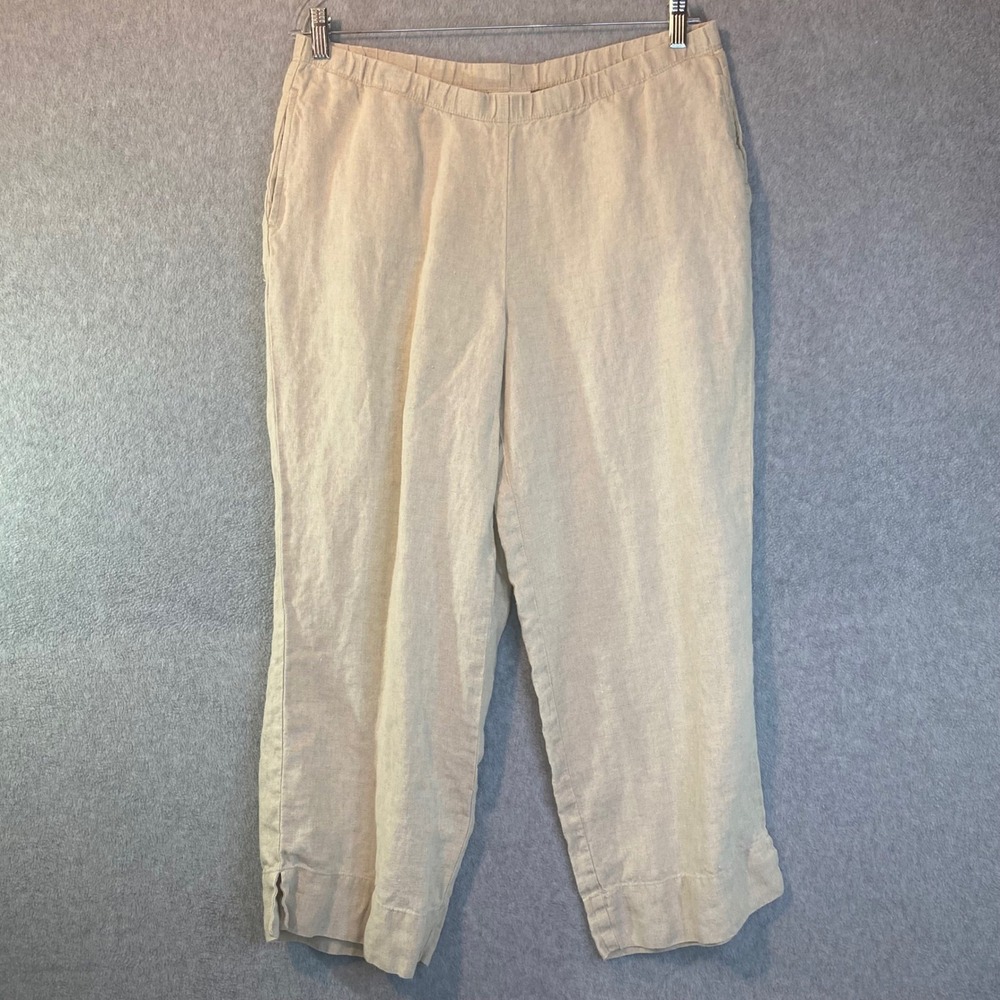 J.Jill Love Linen Pants Womens Medium Beige 100% Linen Cropped Elastic Waist EUC